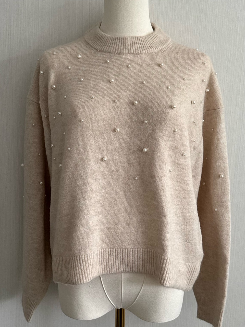 LOFT Beige Pearl-Accent Crewneck Sweater